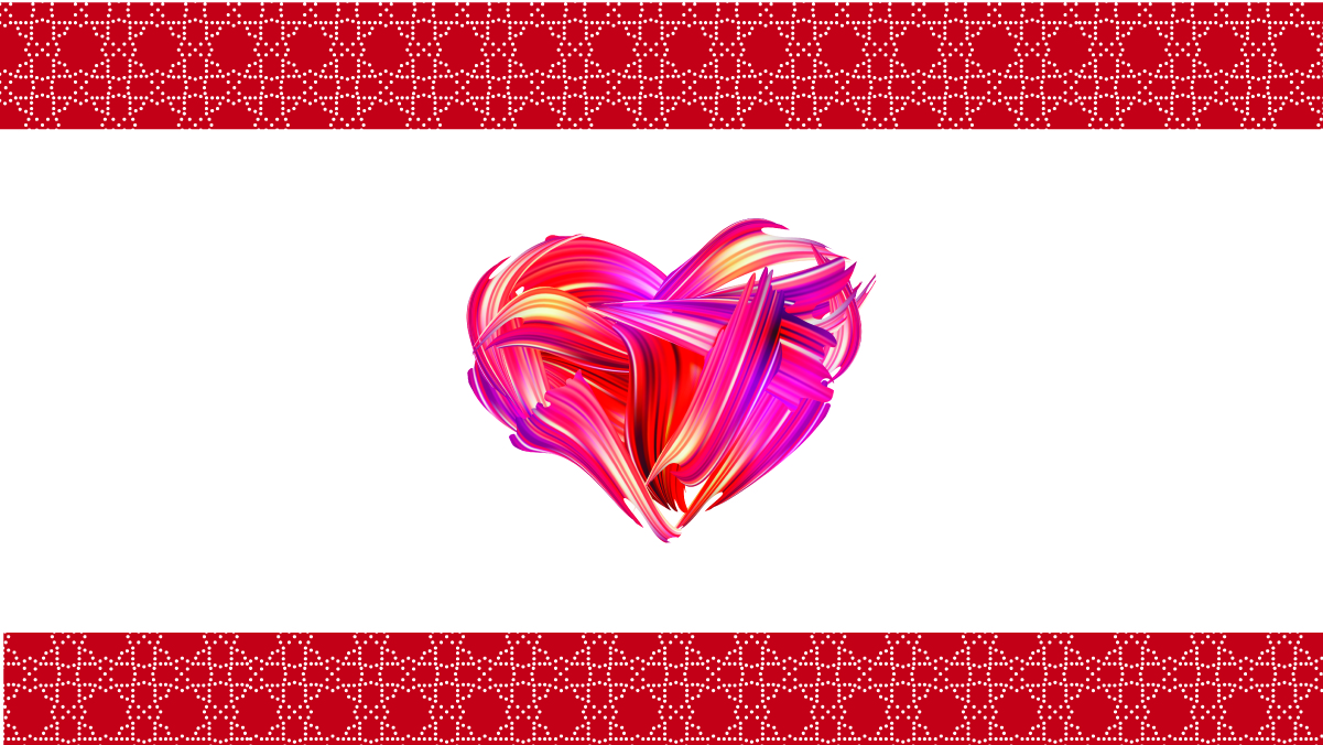 A red painted heart symbol on a white background with a red patterned border above and below.